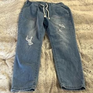 Light denim drawstring jeans 12 stretch distressed beach boho tapered leg NEW